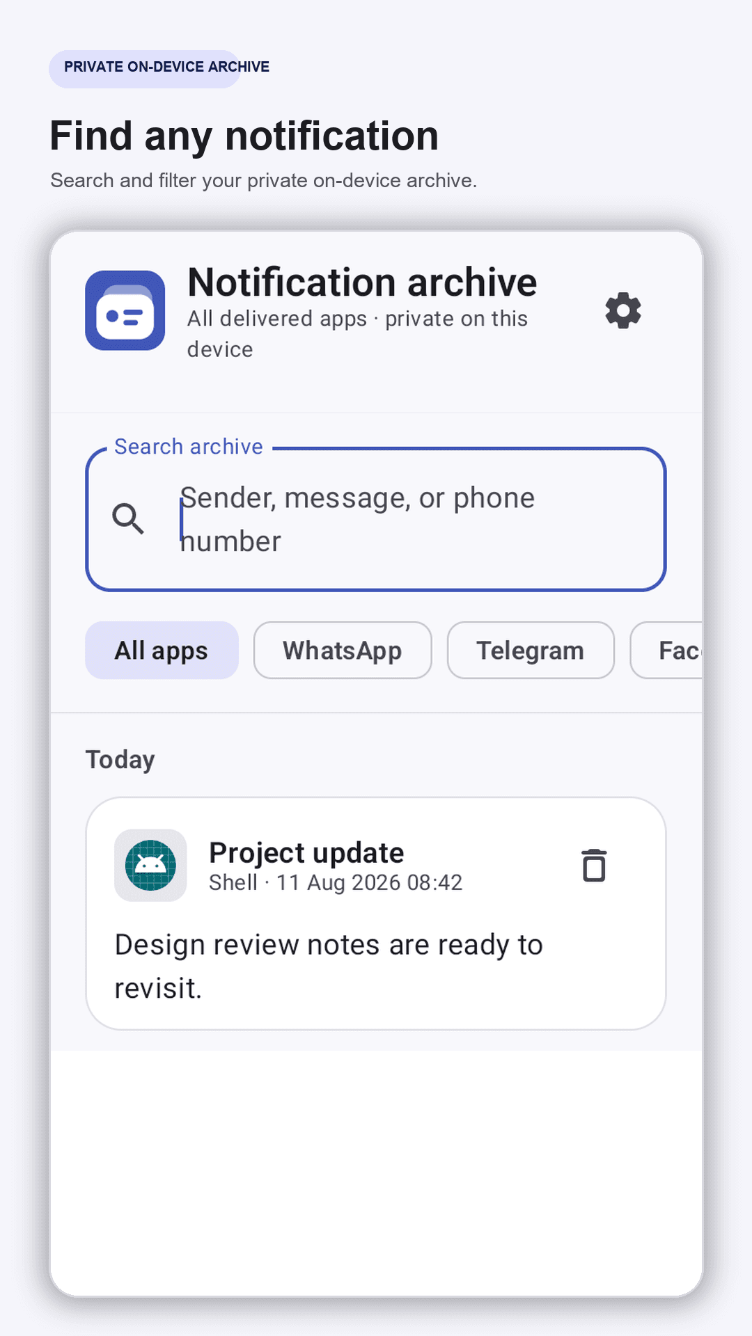 Search and filter a synthetic notification archive.