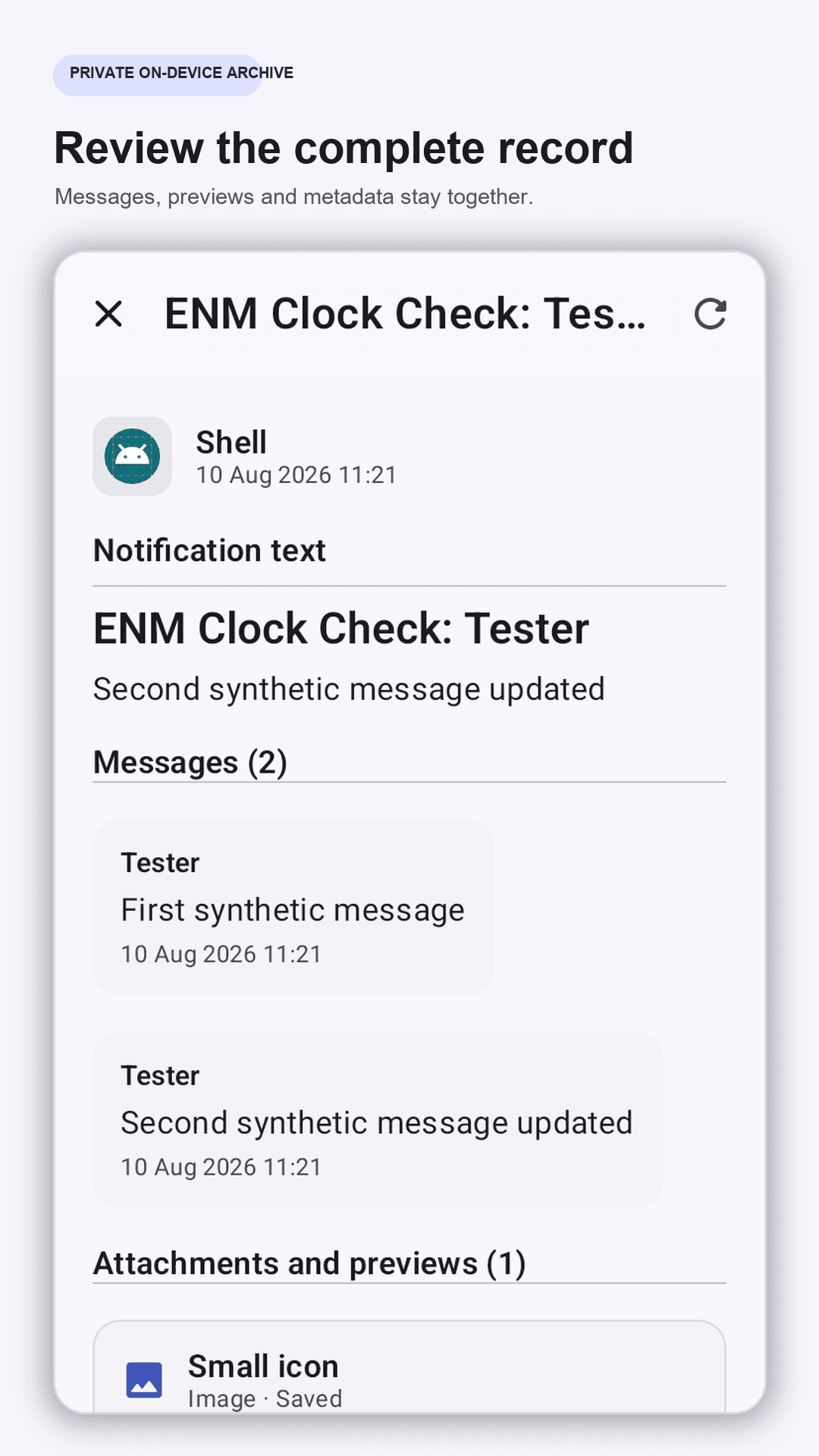 Review two synthetic messages and notification metadata.